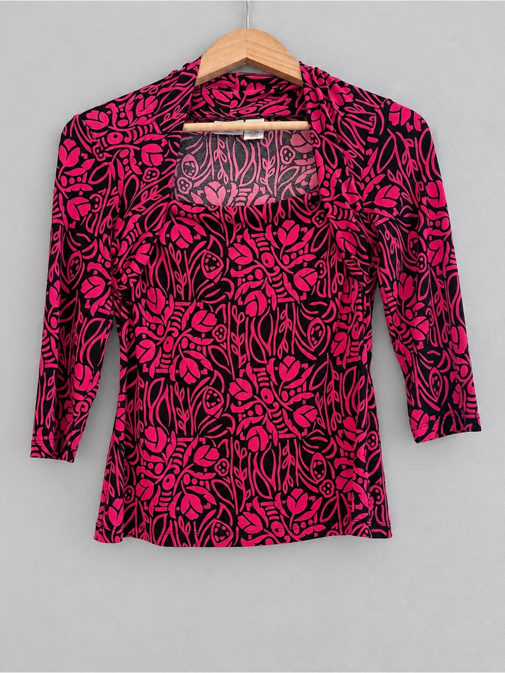 Worthington Women’s Small Pink Black Floral Print 3/4 Sleeve Stretch Top Blouse